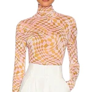 AFRM Geometric Checkerboard Sheer Mesh Mock Turtleneck Top